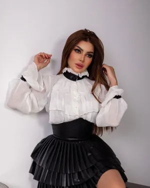 White & Leather Ruffle Collar Shirt