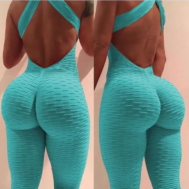 Women Sexy Pink Bodycon Jumpsuit Fitness Bandage Backless Bodysuit Chic Fashion Summer Female Stretch Workout Push Up Jumpsuit