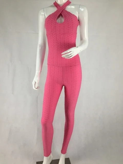 Women Sexy Pink Bodycon Jumpsuit Fitness Bandage Backless Bodysuit Chic Fashion Summer Female Stretch Workout Push Up Jumpsuit