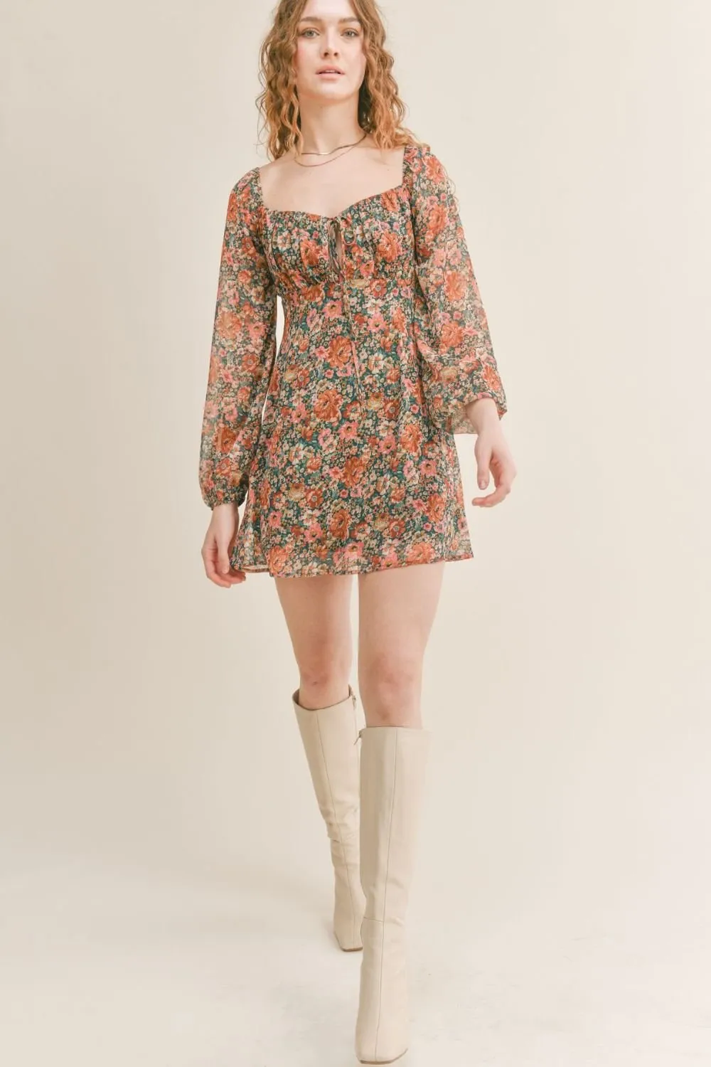Women's Feminine Floral Mini Dress | Green Multi