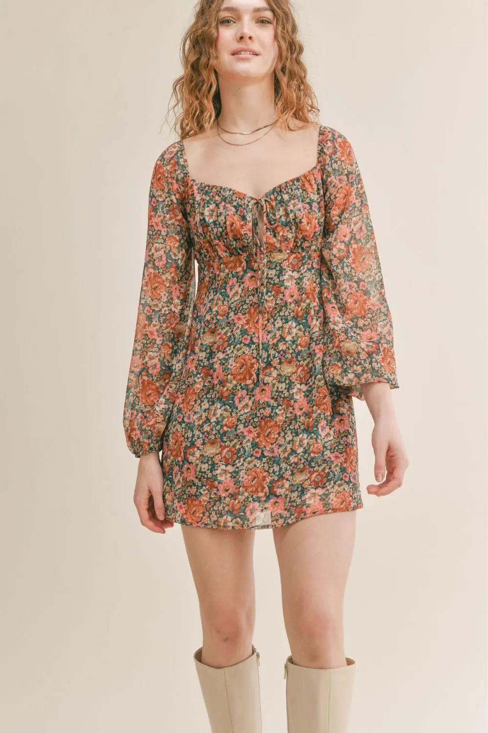 Women's Feminine Floral Mini Dress | Green Multi