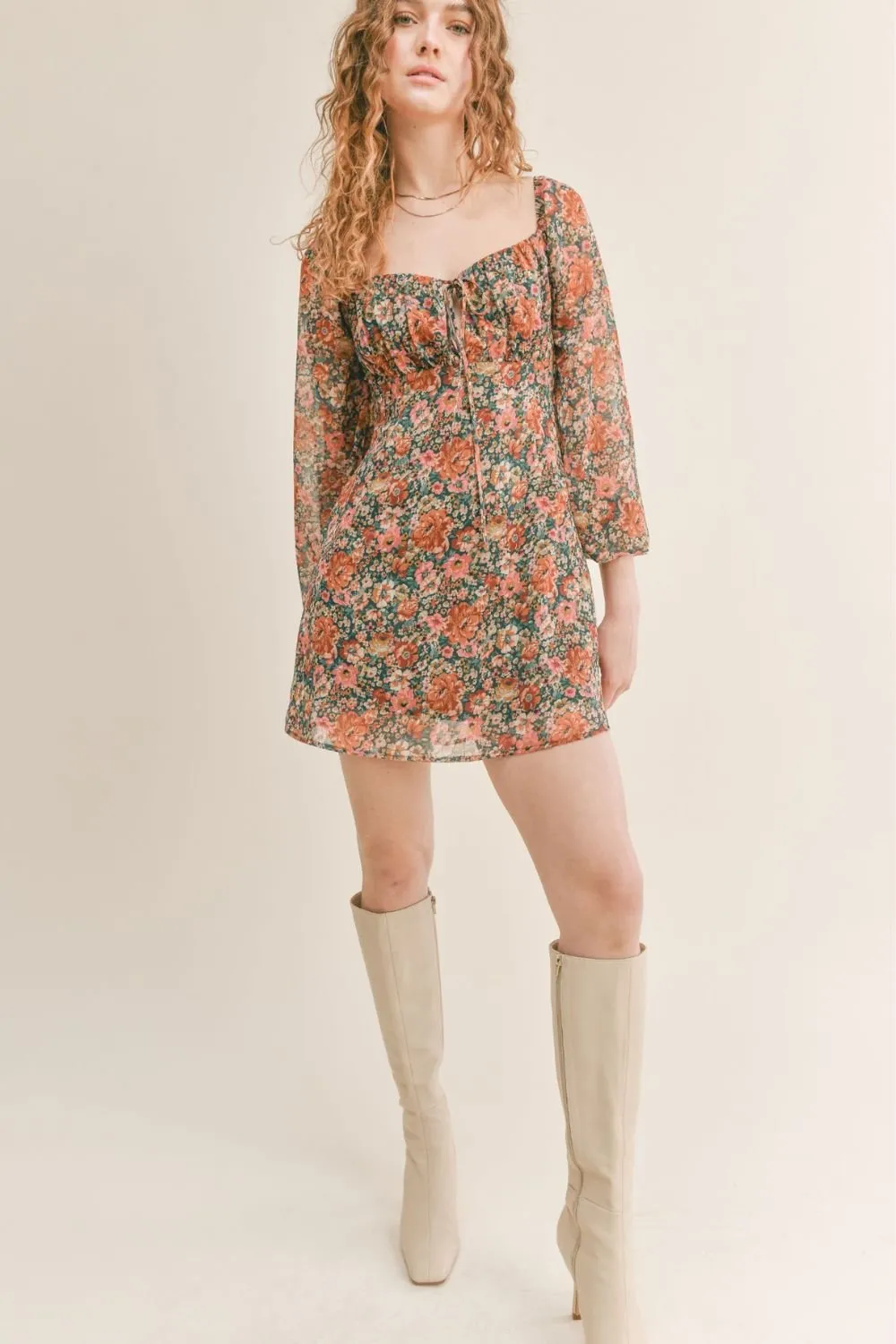 Women's Feminine Floral Mini Dress | Green Multi