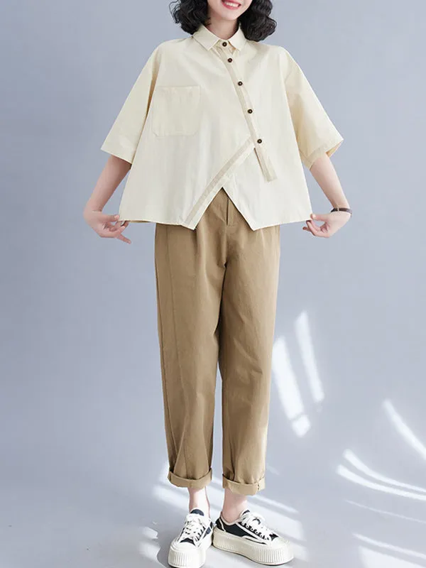 xakxx Half Sleeves Irregular Clipping Lapel Blouses&Shirts Tops