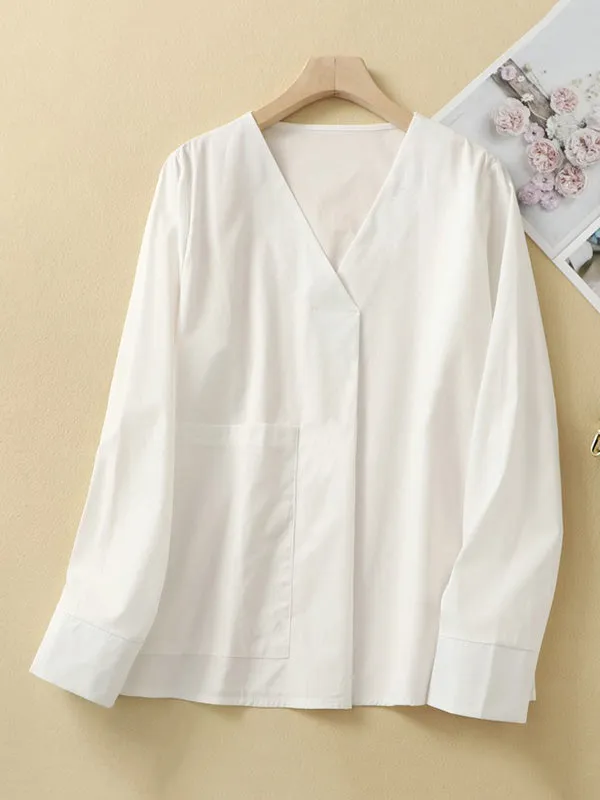 xakxx Long Sleeves Loose Pockets Solid Color V-Neck Blouses&Shirts Tops