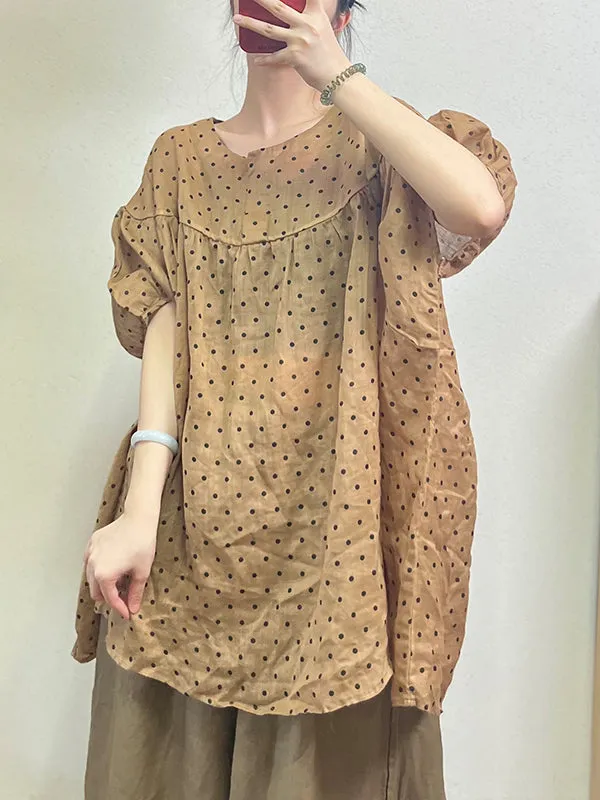 xakxx Loose Half Sleeves Polka-Dot Split-Joint Round-Neck Blouses&Shirts Tops