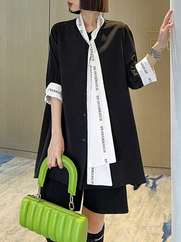xakxx Loose Short Sleeves Contrast Color Lace-Up Letter Print Split-Joint Stand Collar Blouses