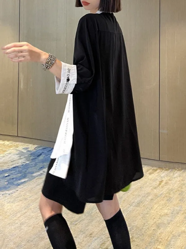 xakxx Loose Short Sleeves Contrast Color Lace-Up Letter Print Split-Joint Stand Collar Blouses