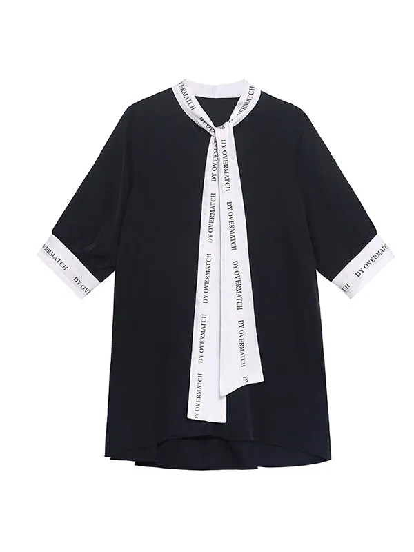 xakxx Loose Short Sleeves Contrast Color Lace-Up Letter Print Split-Joint Stand Collar Blouses