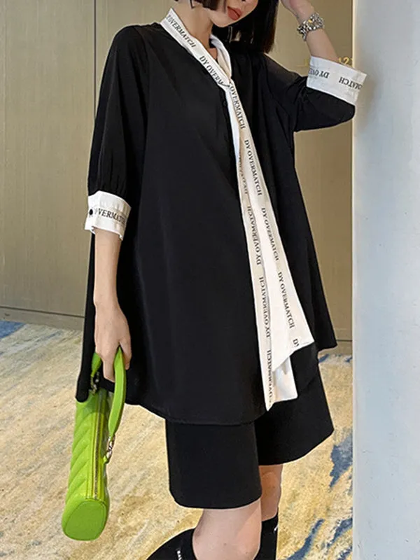 xakxx Loose Short Sleeves Contrast Color Lace-Up Letter Print Split-Joint Stand Collar Blouses