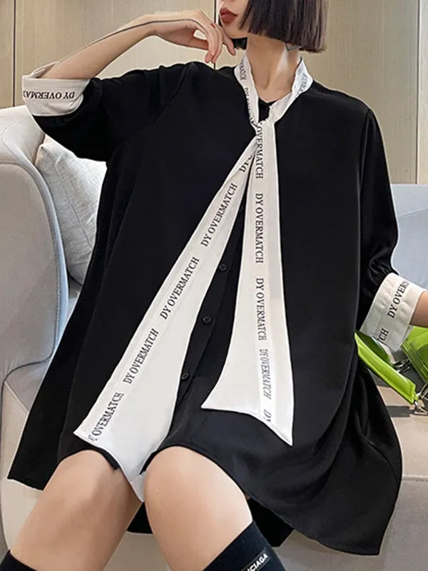 xakxx Loose Short Sleeves Contrast Color Lace-Up Letter Print Split-Joint Stand Collar Blouses