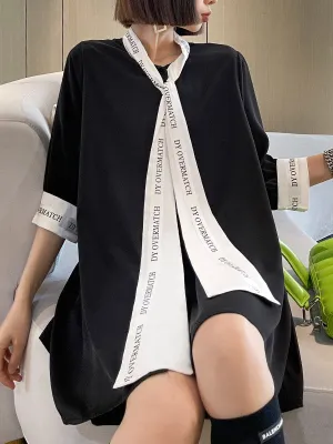 xakxx Loose Short Sleeves Contrast Color Lace-Up Letter Print Split-Joint Stand Collar Blouses