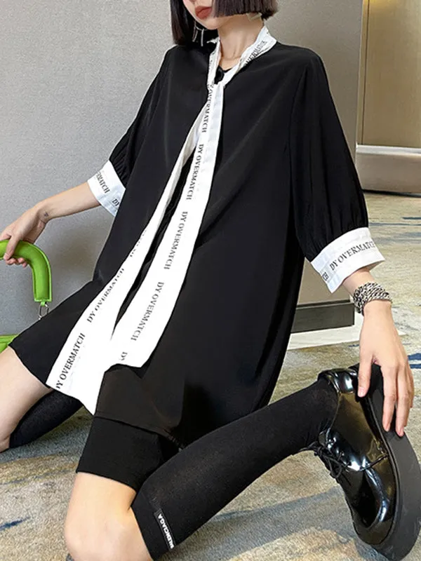 xakxx Loose Short Sleeves Contrast Color Lace-Up Letter Print Split-Joint Stand Collar Blouses