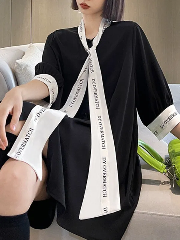 xakxx Loose Short Sleeves Contrast Color Lace-Up Letter Print Split-Joint Stand Collar Blouses