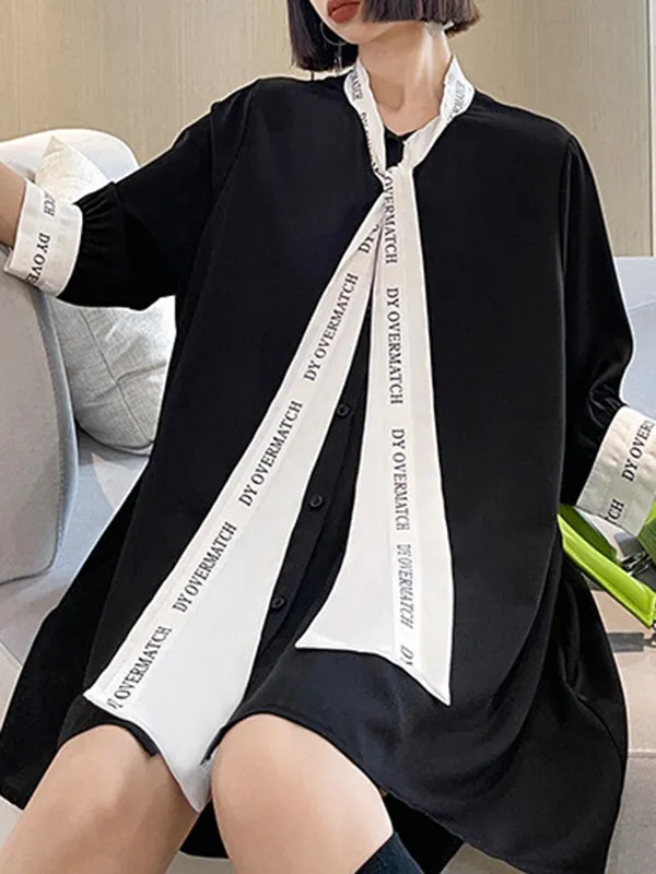 xakxx Loose Short Sleeves Contrast Color Lace-Up Letter Print Split-Joint Stand Collar Blouses