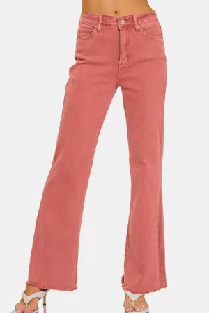 Zenana Cabernet Acid Washed Frayed Hem Bootcut Jeans
